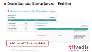 Oracle Database Backup Service – Preisliste
Oracle Database Backup Service11/11/2015
https://cloud.oracle.com/de_DE/database_backup
ASO und ACO Lizenzen dabei
 