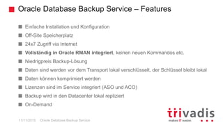 Oracle Database Backup Service – Features
Oracle Database Backup Service
Einfache Installation und Konfiguration
Off-Site Speicherplatz
24x7 Zugriff via Internet
Vollständig in Oracle RMAN integriert, keinen neuen Kommandos etc.
Niedrigpreis Backup-Lösung
Daten sind werden vor dem Transport lokal verschlüsselt, der Schlüssel bleibt lokal
Daten können komprimiert werden
Lizenzen sind im Service integriert (ASO und ACO)
Backup wird in den Datacenter lokal repliziert
On-Demand
11/11/2015
 