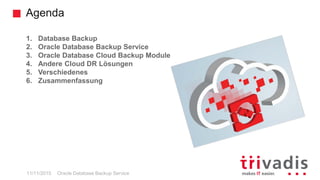 Agenda
Oracle Database Backup Service
1. Database Backup
2. Oracle Database Backup Service
3. Oracle Database Cloud Backup Module
4. Andere Cloud DR Lösungen
5. Verschiedenes
6. Zusammenfassung
11/11/2015
 