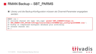 RMAN Backup – SBT_PARMS
Oracle Database Backup Service
Library und die Backup-Konfiguration müssen als Channel-Parameter angegeben
werden:
RMAN> run {
2> allocate channel ch1 type 'sbt_tape' parms='SBT_LIBRARY=libopc.so,
3> SBT_PARMS=(OPC_PFILE=/u00/app/oracle/admin/LUCERNE/opc_config/opcLUCERNE.ora)';
4> backup as compressed backupset database plus archivelog;
5> release channel ch1;
6> }
11/11/2015
 
