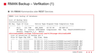 RMAN Backup – Verfikation (1)
Oracle Database Backup Service
Mit RMAN Kommandos oder REST Services
RMAN> list backup of database;
List of Backup Sets
===================
BS Key Type LV Size Device Type Elapsed Time Completion Time
------- ---- -- ---------- ----------- ------------ ---------------
2 Full 101.75M SBT_TAPE 00:02:48 08-SEP-15
BP Key: 2 Status: AVAILABLE Compressed: YES Tag: TAG20150908T031819
Handle: 04qgjtnr_1_1 Media:
chtrivadis44865.storage.oraclecloud.com/v1/Storage-chtrivadis448
List of Datafiles in backup set 2
File LV Type Ckp SCN Ckp Time Name
---- -- ---- ---------- --------- ----
1 Full 442265 08-SEP-15 /u01/oradata/LUCERNE/system01LUCERNE.dbf
2 Full 442265 08-SEP-15 /u01/oradata/LUCERNE/sysaux01LUCERNE.dbf
3 Full 442265 08-SEP-15 /u01/oradata/LUCERNE/undots01LUCERNE.dbf
4 Full 442265 08-SEP-15 /u01/oradata/LUCERNE/users01LUCERNE.dbf
5 Full 442265 08-SEP-15 /u01/oradata/LUCERNE/tools01LUCERNE.dbf
11/11/2015
 
