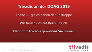 © Trivadis – Das Unternehmen51 11/11/2015
Trivadis an der DOAG 2015
Ebene 3 - gleich neben der Rolltreppe
Wir freuen uns auf Ihren Besuch.
Denn mit Trivadis gewinnen Sie immer.
 