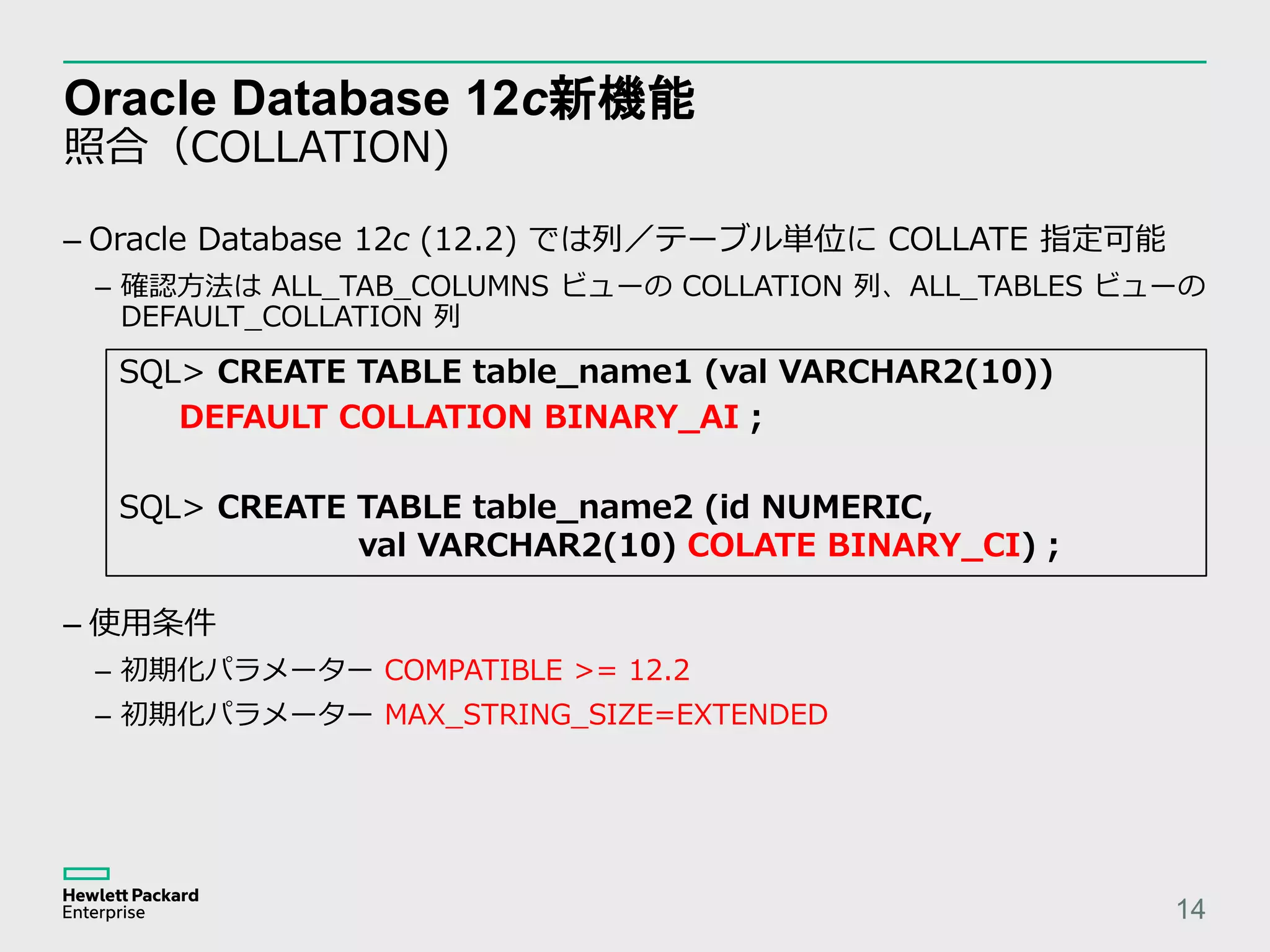 Oracle Database 12c新機能 照合（COLLATION) 14 – 使用条件 – 初期化パラメーター COMPATIBLE >= 12.2 – 初期化パラメーター MAX_STRING_SIZE=EXTENDED – Oracle Database 12c (12.2) では列／テーブル単位に COLLATE 指定可能 – 確認方法は ALL_TAB_COLUMNS ビューの COLLATION 列、ALL_TABLES ビューの DEFAULT_COLLATION 列 SQL> CREATE TABLE table_name1 (val VARCHAR2(10)) DEFAULT COLLATION BINARY_AI ; SQL> CREATE TABLE table_name2 (id NUMERIC, val VARCHAR2(10) COLATE BINARY_CI) ; 