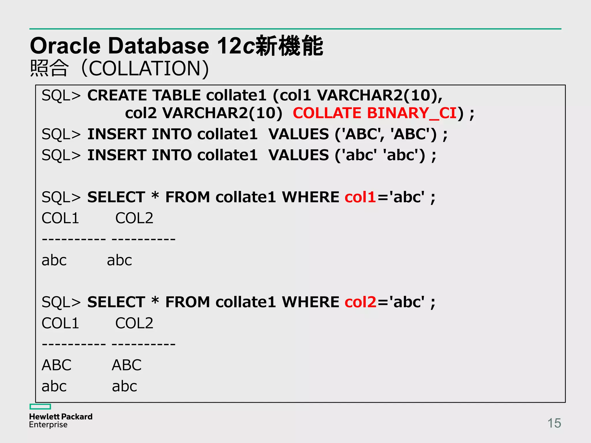 Oracle Database 12c新機能 照合（COLLATION) 15 SQL> CREATE TABLE collate1 (col1 VARCHAR2(10), col2 VARCHAR2(10) COLLATE BINARY_CI) ; SQL> INSERT INTO collate1 VALUES ('ABC', 'ABC') ; SQL> INSERT INTO collate1 VALUES ('abc' 'abc') ; SQL> SELECT * FROM collate1 WHERE col1='abc' ; COL1 COL2 ---------- ---------- abc abc SQL> SELECT * FROM collate1 WHERE col2='abc' ; COL1 COL2 ---------- ---------- ABC ABC abc abc 