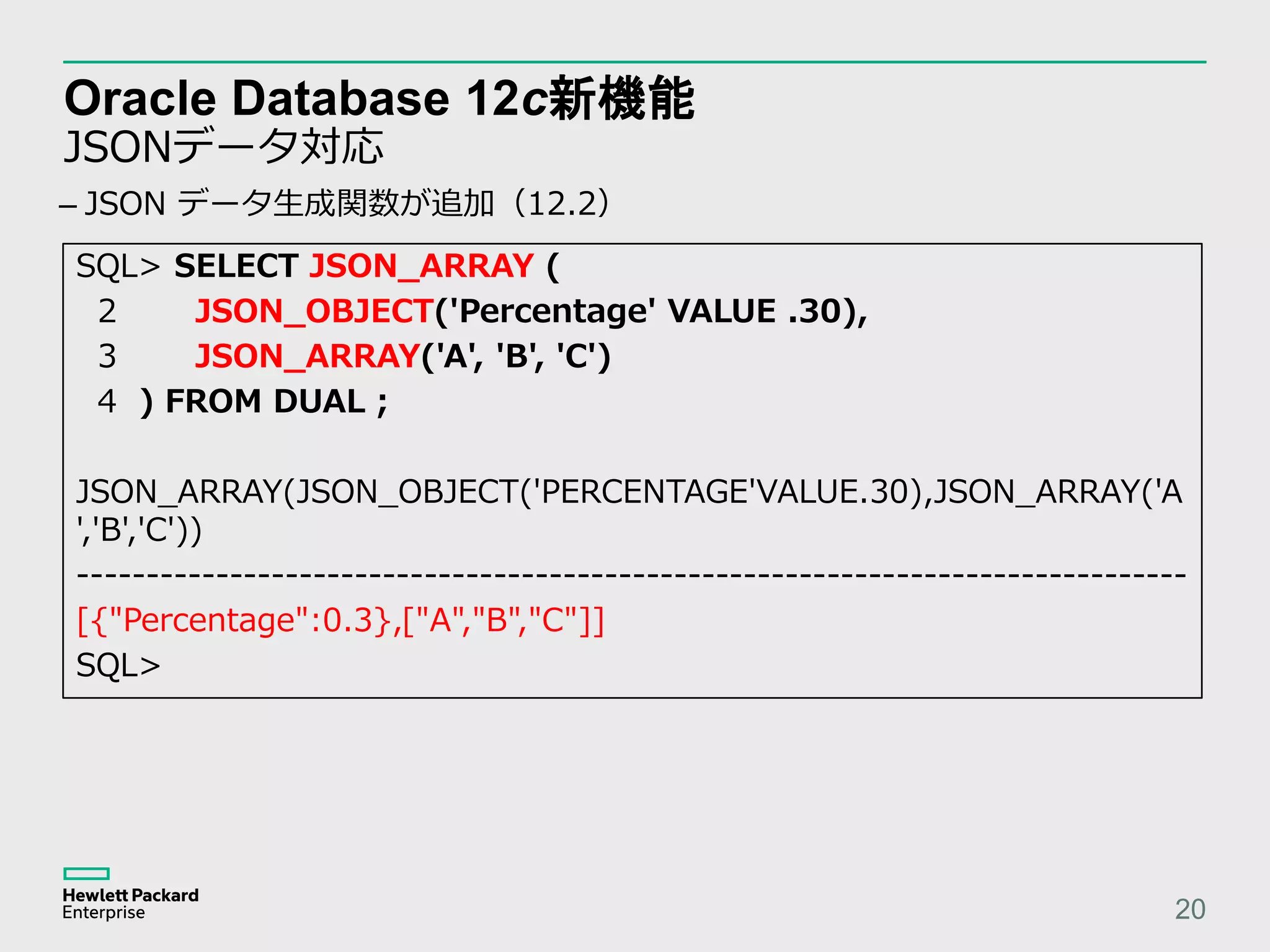 Oracle Database 12c新機能 JSONデータ対応 20 SQL> SELECT JSON_ARRAY ( 2 JSON_OBJECT('Percentage' VALUE .30), 3 JSON_ARRAY('A', 'B', 'C') 4 ) FROM DUAL ; JSON_ARRAY(JSON_OBJECT('PERCENTAGE'VALUE.30),JSON_ARRAY('A ','B','C')) -------------------------------------------------------------------------------- [{"Percentage":0.3},["A","B","C"]] SQL> – JSON データ生成関数が追加（12.2） 