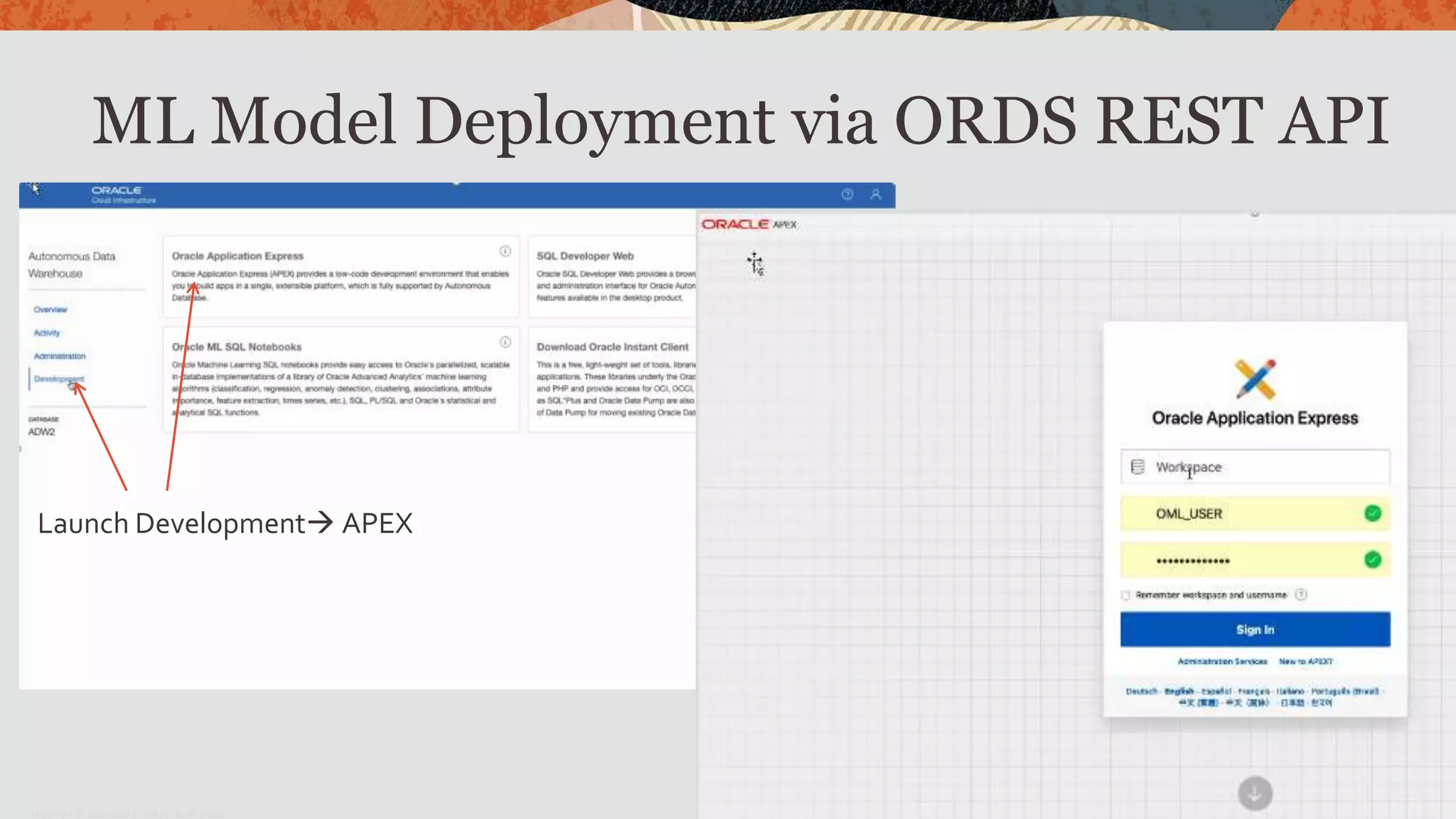 ML Model Deployment via ORDS REST API
Launch Development APEX
Copyright © 2020 Oracle and/or its affiliates.
 
