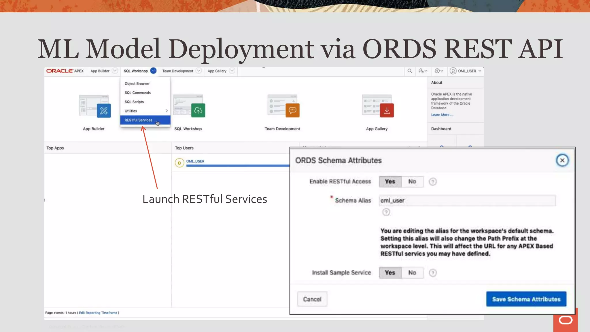 ML Model Deployment via ORDS REST API
Launch RESTful Services
Copyright © 2020 Oracle and/or its affiliates.
 