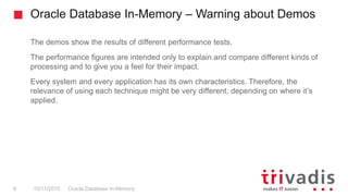 Oracle Database In-Memory – Warning about Demos
Oracle Database In-Memory6 10/11/2015
The demos show the results of different performance tests.
The performance figures are intended only to explain and compare different kinds of
processing and to give you a feel for their impact.
Every system and every application has its own characteristics. Therefore, the
relevance of using each technique might be very different, depending on where it’s
applied.
 