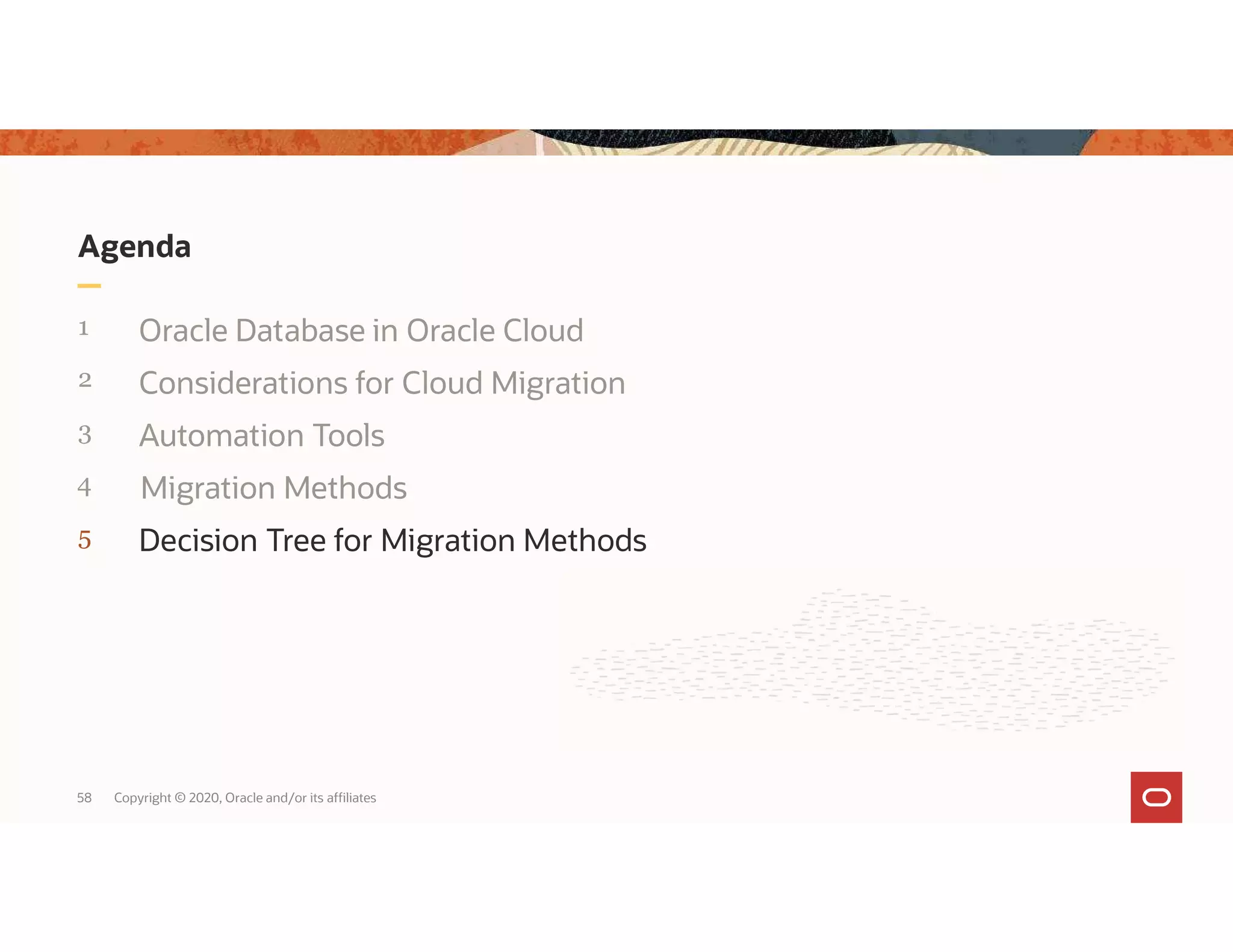 Agenda 1 Oracle Database in Oracle Cloud 2 Considerations for Cloud Migration 3 Automation Tools 4 5 58 Copyright © 2020, Oracle and/or its affiliates Migration Methods Decision Tree for Migration Methods 