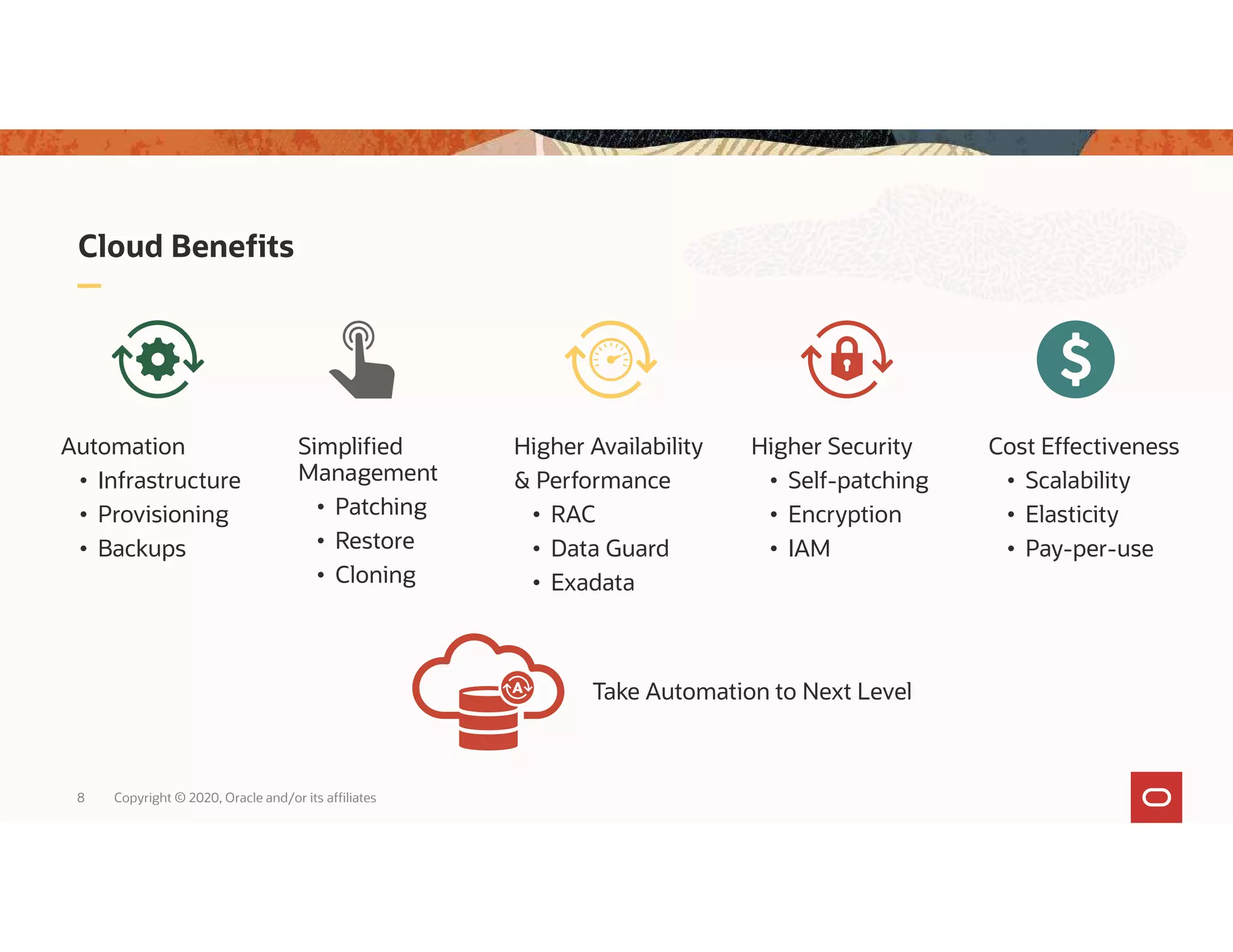 Cloud Benefits 8 Copyright © 2020, Oracle and/or its affiliates Higher Security • Self-patching • Encryption • IAM Simplified Management • Patching • Restore • Cloning Higher Availability & Performance • RAC • Data Guard • Exadata Automation • Infrastructure • Provisioning • Backups Cost Effectiveness • Scalability • Elasticity • Pay-per-use Take Automation to Next Level 