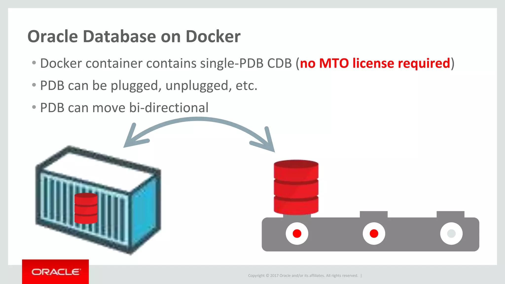 Copyright © 2017 Oracle and/or its affiliates. All rights reserved. |
Oracle Database on Docker
• Docker container contains single-PDB CDB (no MTO license required)
• PDB can be plugged, unplugged, etc.
• PDB can move bi-directional
 