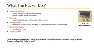 What The Hacker Do ?
• Gather Information

• Active : Directly Such as social engineering
• Passive : Google search, Social media

• Scanning :

• use some tools for scan vulnerabilities of the system.

• Gaining Access:

• Penetration Phase, continue attacking to explore deeper into the target network.

• Maintaining Access

• Downloading Phase

• Clearing Tracks

“The more the hacker learns about your internal operations means the more likely he will be
intrude and exploit. So be Secure.”

 