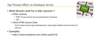 Top Threats Effect on Database Server
• What Should I look For in SQL Injection ?
• HTML method
• POST  you cannot see any parameters in browser.
• GET

• Check HTML Source Code.
<Form action=search.asp method=post> <input type=hidden name=X value=Z>
</Form>

• Examples
• http:// www.mywebsite.com /index.asp?id=10

 