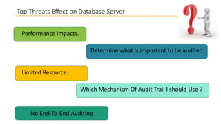 Top Threats Effect on Database Server
Performance impacts.
Determine what is important to be audited.
Limited Resource.
Which Mechanism Of Audit Trail I should Use ?

No End-To-End Auditing

 