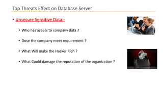 Top Threats Effect on Database Server
• Unsecure Sensitive Data:• Who has access to company data ?

• Dose the company meet requirement ?
• What Will make the Hacker Rich ?
• What Could damage the reputation of the organization ?

 