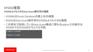 Copyright © 2019, Oracle and/or its affiliates. All rights reserved. |
SYSDG権限
• SYSDBAはOracle Databaseの最上位の権限
• SYSDGはData Guard操作用のSYSDBAよりも小さな権限
• この資料で説明しているData Guard構成に関わるsqlplusでの操作は
SYSDBAでもSYSDGのどちらでも可能
29
SYSDBAよりも小さなData Guard操作用の権限
$ sqlplus / as sysdba
$ sqlplus / as sysdg
 