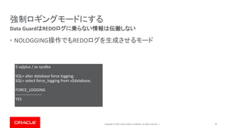 Copyright © 2019, Oracle and/or its affiliates. All rights reserved. |
強制ロギングモードにする
• NOLOGGING操作でもREDOログを生成させるモード
31
Data GuardはREDOログに乗らない情報は伝搬しない
$ sqlplus / as sysdba
SQL> alter database force logging;
SQL> select force_logging from v$database;
FORCE_LOGGING
--------------------
YES
 