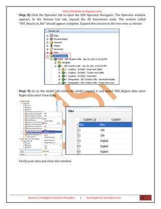 http://odinetwork.blogspot.com/
Step: 8) Click the Operator tab to open the ODI Operator Navigator. The Operator window
appears. In the Session List tab, expand the All Executions node. The session called
“INT_Oracle_to_file” should appear complete. Expand this session in the tree view as shown:




Step: 9) Go to the model tab select file model expand it and select TRG_Region data store
Right click select View Data.




Verify your data and close this window.




      Business Intelligence Solution Providers   |   learnhyperion.wordpres.com        24
 