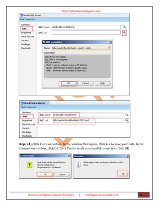 http://odinetwork.blogspot.com/




Step: 24) Click Test Connection. In the window that opens, click Yes to save your data. In the
Information window, click OK. Click Test to verify a successful connection. Click OK.




      Business Intelligence Solution Providers   |   learnhyperion.wordpres.com           38
 