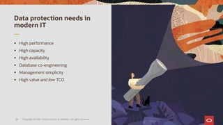 28
Data protection needs in
modern IT
▪ High performance
▪ High capacity
▪ High availability
▪ Database co-engineering
▪ Management simplicity
▪ High value and low TCO
Copyright © 2021, Oracle and/or its affiliates. All rights reserved.
 