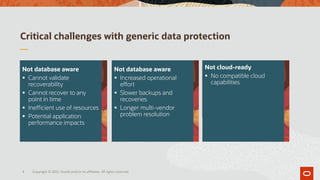 Not database aware
▪ Cannot validate
recoverability
▪ Cannot recover to any
point in time
▪ Inefficient use of resources
▪ Potential application
performance impacts
Not cloud-ready
▪ No compatible cloud
capabilities
Not database aware
▪ Increased operational
effort
▪ Slower backups and
recoveries
▪ Longer multi-vendor
problem resolution
Critical challenges with generic data protection
Copyright © 2021, Oracle and/or its affiliates. All rights reserved.
4
 