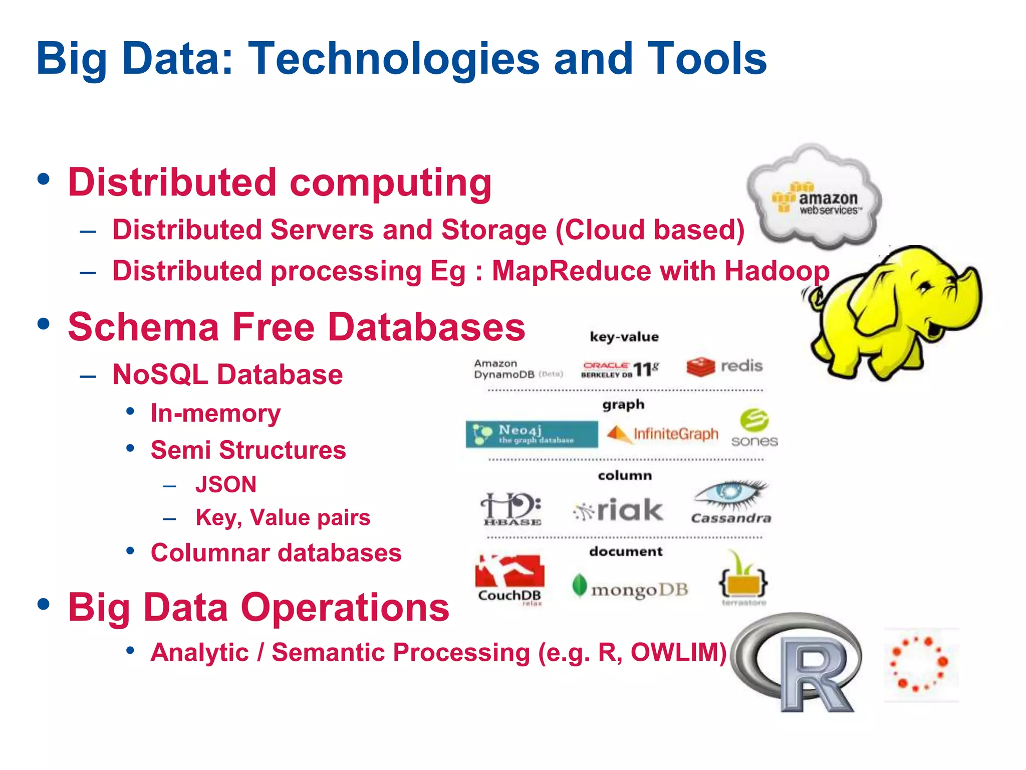 • Distributed computing
– Distributed Servers and Storage (Cloud based)
– Distributed processing Eg : MapReduce with Hadoop
• Schema Free Databases
– NoSQL Database
• In-memory
• Semi Structures
– JSON
– Key, Value pairs
• Columnar databases
• Big Data Operations
• Analytic / Semantic Processing (e.g. R, OWLIM)
Big Data: Technologies and Tools
 