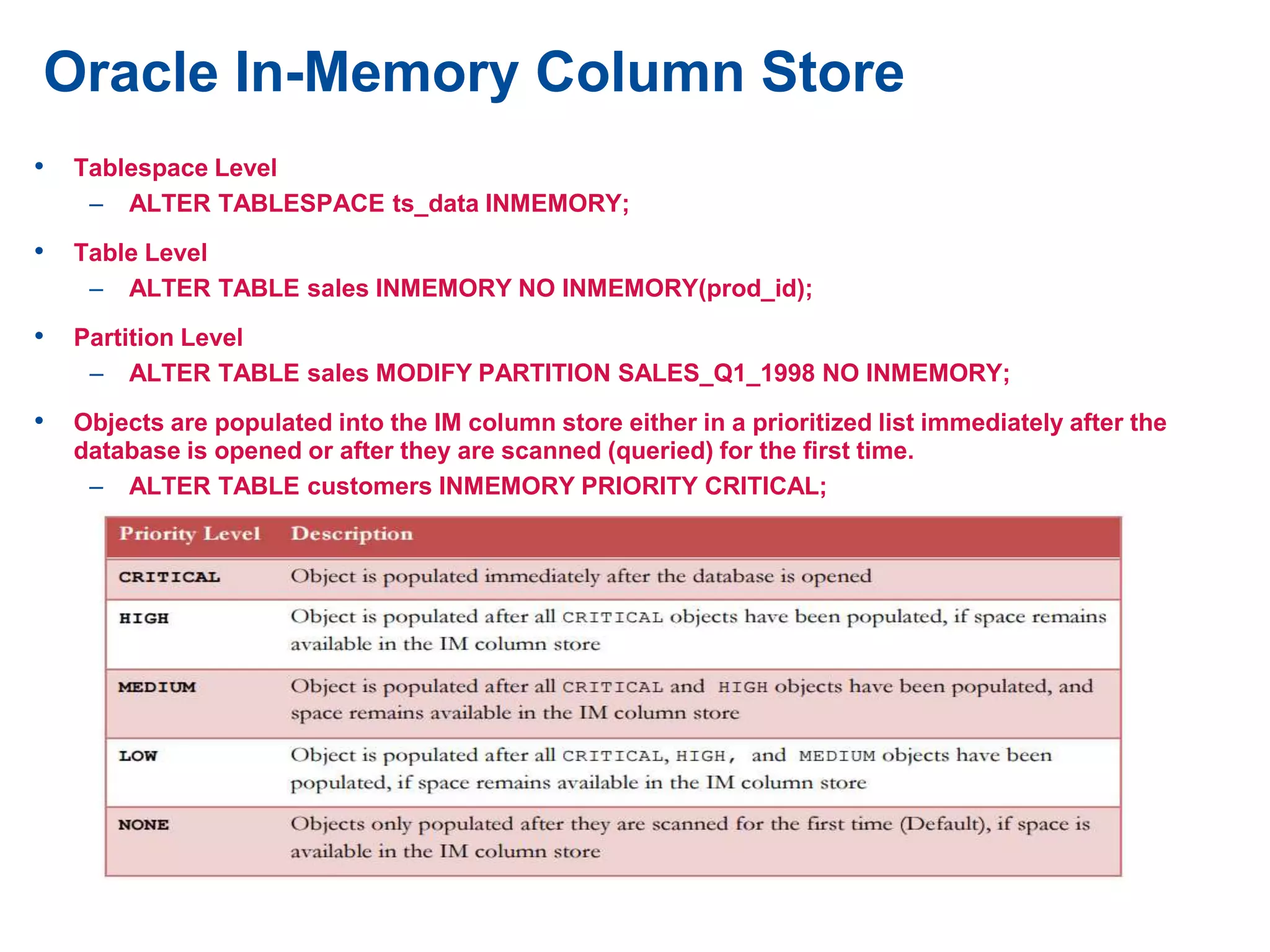 Oracle In-Memory Column Store
• Tablespace Level
– ALTER TABLESPACE ts_data INMEMORY;
• Table Level
– ALTER TABLE sales INMEMORY NO INMEMORY(prod_id);
• Partition Level
– ALTER TABLE sales MODIFY PARTITION SALES_Q1_1998 NO INMEMORY;
• Objects are populated into the IM column store either in a prioritized list immediately after the
database is opened or after they are scanned (queried) for the first time.
– ALTER TABLE customers INMEMORY PRIORITY CRITICAL;
 