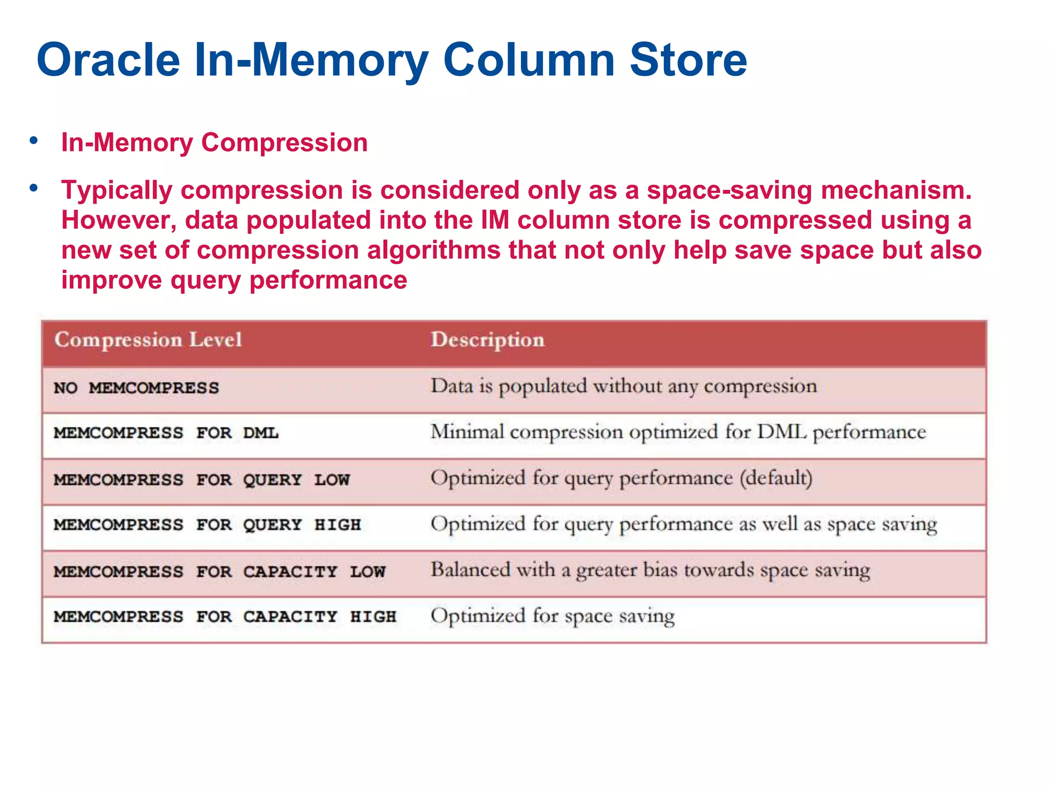 Oracle In-Memory Column Store
• In-Memory Compression
• Typically compression is considered only as a space-saving mechanism.
However, data populated into the IM column store is compressed using a
new set of compression algorithms that not only help save space but also
improve query performance
 