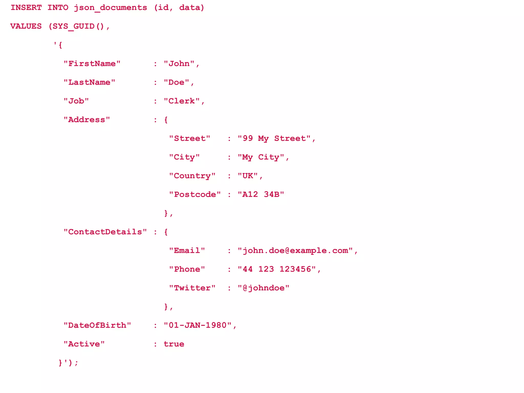 INSERT INTO json_documents (id, data)
VALUES (SYS_GUID(),
'{
"FirstName" : "John",
"LastName" : "Doe",
"Job" : "Clerk",
"Address" : {
"Street" : "99 My Street",
"City" : "My City",
"Country" : "UK",
"Postcode" : "A12 34B"
},
"ContactDetails" : {
"Email" : "john.doe@example.com",
"Phone" : "44 123 123456",
"Twitter" : "@johndoe"
},
"DateOfBirth" : "01-JAN-1980",
"Active" : true
}');
 