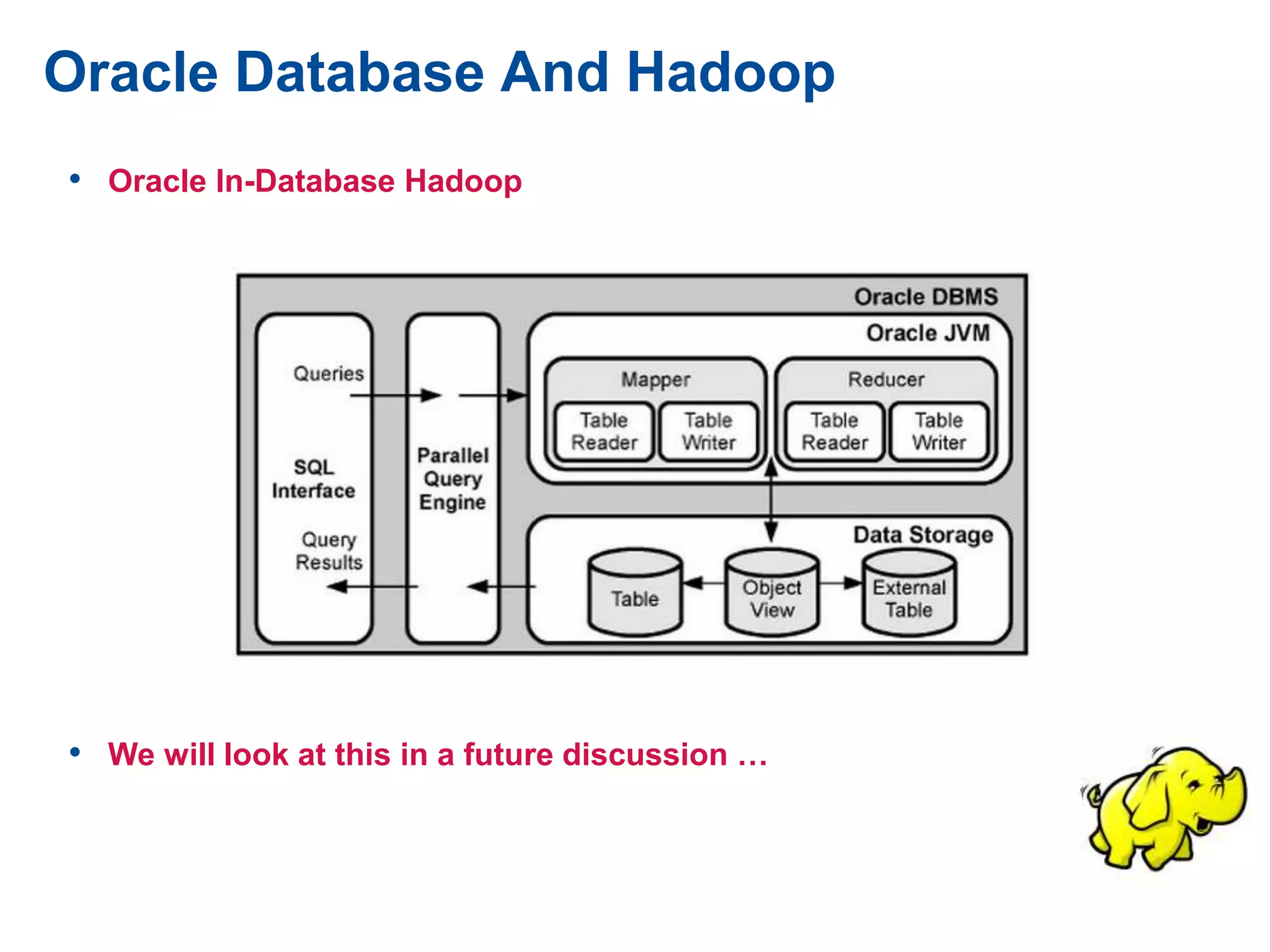 Oracle Database And Hadoop
• Oracle In-Database Hadoop
• We will look at this in a future discussion …
 