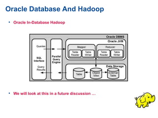 Oracle Database And Hadoop
• Oracle In-Database Hadoop
• We will look at this in a future discussion …
 