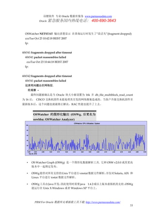 诗檀软件 专业 Oracle 数据库服务 www.parnassusdata.com
Oracle 紧急服务国内热线电话： 400-690-3643
PRM For Oracle 数据库灾难拯救工具下载: http://www.parnassusdata.com/
33
OSWatcher NETSTAT 输出清楚显示 在查询运行时发生了“段丢失”(fragment dropped)
zzzTue Oct 23 10:42:18 BEIST 2007
Ip:
406541 fragments dropped after timeout
406541 packet reassembles failed
zzzTue Oct 23 10:44:18 BEIST 2007
Ip:
406542 fragments dropped after timeout
406541 packet reassembles failed
这表明问题出在网络层.
经观察 –
最终问题被确认是当 Oracle 块大小被设置为 16k 并 db_file_multiblock_read_count
为 16 后， CISCO 交换机固件未能处理其引发的网络拥塞造成的。当客户升级交换机固件至
最新版本后，这个问题也就被修正解决，RAC 性能也提升了上去。
OSWatcher 的图形化输出 (OSWg, 后更名为
oswbba: OSWatcher Analyzer)
• OS Watcher Graph (OSWg) 是一个图形化数据解析工具. 它和 OSW v2.0.0 或其更高
版本中一起绑定发布。
• OSWg提供对所有支持的Unix平台进行vmstat数据文件解析，并仅对Solaris, AIX 和
Linux 平台进行 iostat 数据文件解析。
• OSWg工具由Java开发，因此使用时需要java 1.4.2或以上版本虚拟机的支持。OSWg
能运行在 Unix X Windows 或者 Windows XP 平台上。
 