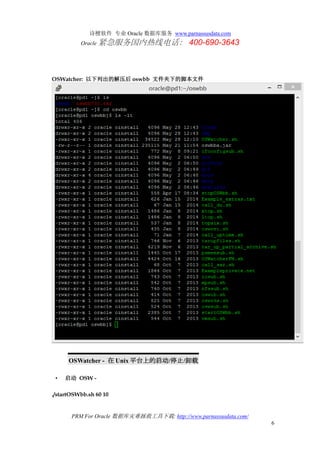 诗檀软件 专业 Oracle 数据库服务 www.parnassusdata.com
Oracle 紧急服务国内热线电话： 400-690-3643
PRM For Oracle 数据库灾难拯救工具下载: http://www.parnassusdata.com/
6
OSWatcher: 以下列出的解压后 oswbb 文件夹下的脚本文件
OSWatcher - 在 Unix 平台上的启动/停止/卸载
• 启动 OSW -
./startOSWbb.sh 60 10
 