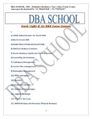 DBA SCHOOL, #501 , Mahindra Residency, Near Aditya Trade Center,
Ameerpet, Hyderabad Ph: +91 9966293445 / +91 7799934477

0A

SRVAANTH-TODAY.txt

P pp0

Oracle 11gR2 & 12c DBA Course Contents
1) LINUX Administration for Oracle DBA
2)SQL for Oracle DBA
3)OPERATING SYSTEM INSTALLATIONS
4) ORACLE Database Creations
5) Oracle Database 11g R2 and 12c Architecture
6) Controlling the Database
7) TableSpace Management
8) Control files management
9) Redologfile Management

11) Pfile and spfile
12) Security
13) Oracle Net Services
14) Flashback Technologies
15) Logical Backups

16) Physical Backups
17) RMAN Backups and Recovery (Physical Backups)
1

 