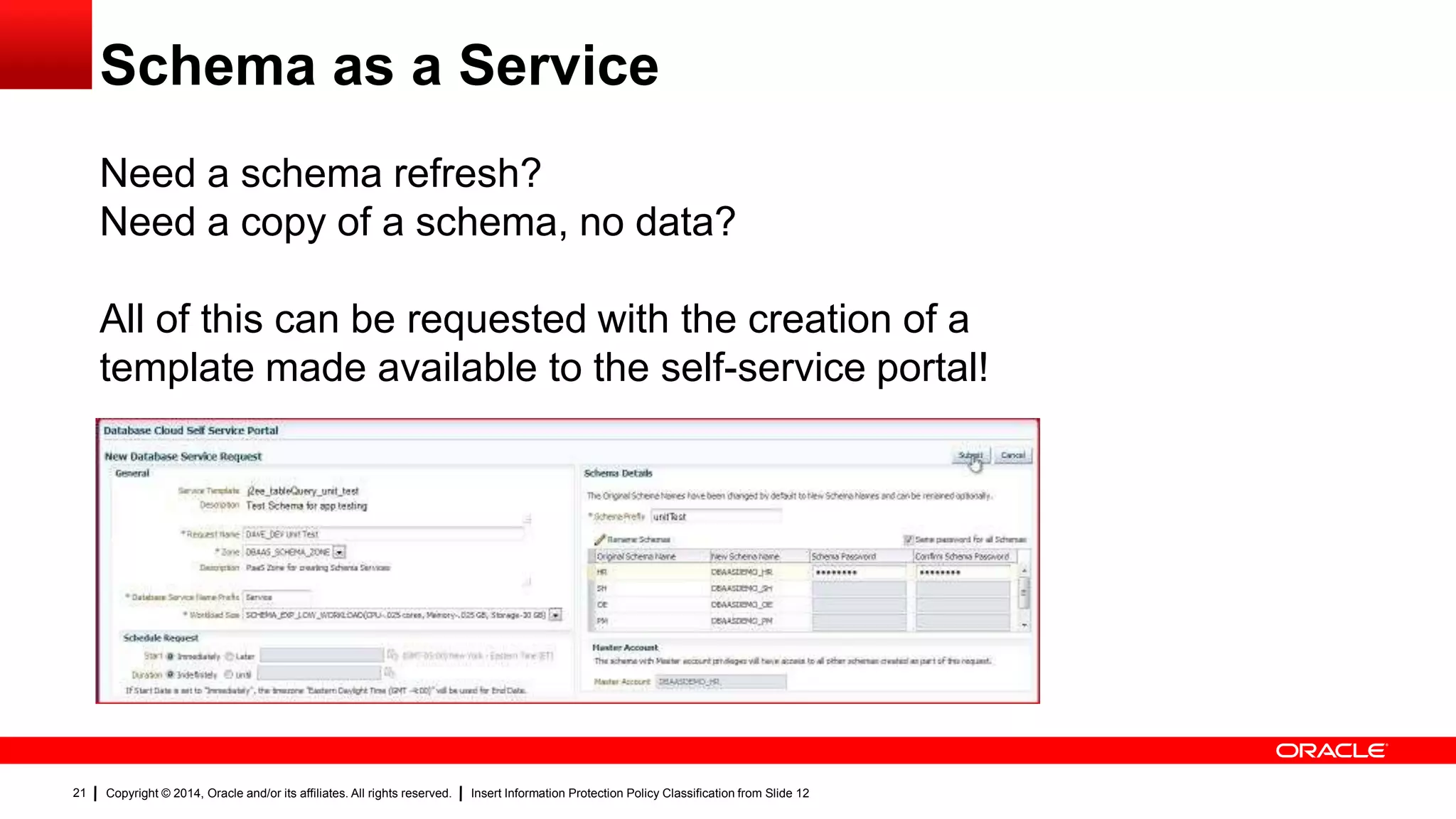 Copyright © 2014, Oracle and/or its affiliates. All rights reserved. Insert Information Protection Policy Classification from Slide 1221
Schema as a Service
Need a schema refresh?
Need a copy of a schema, no data?
All of this can be requested with the creation of a
template made available to the self-service portal!
 