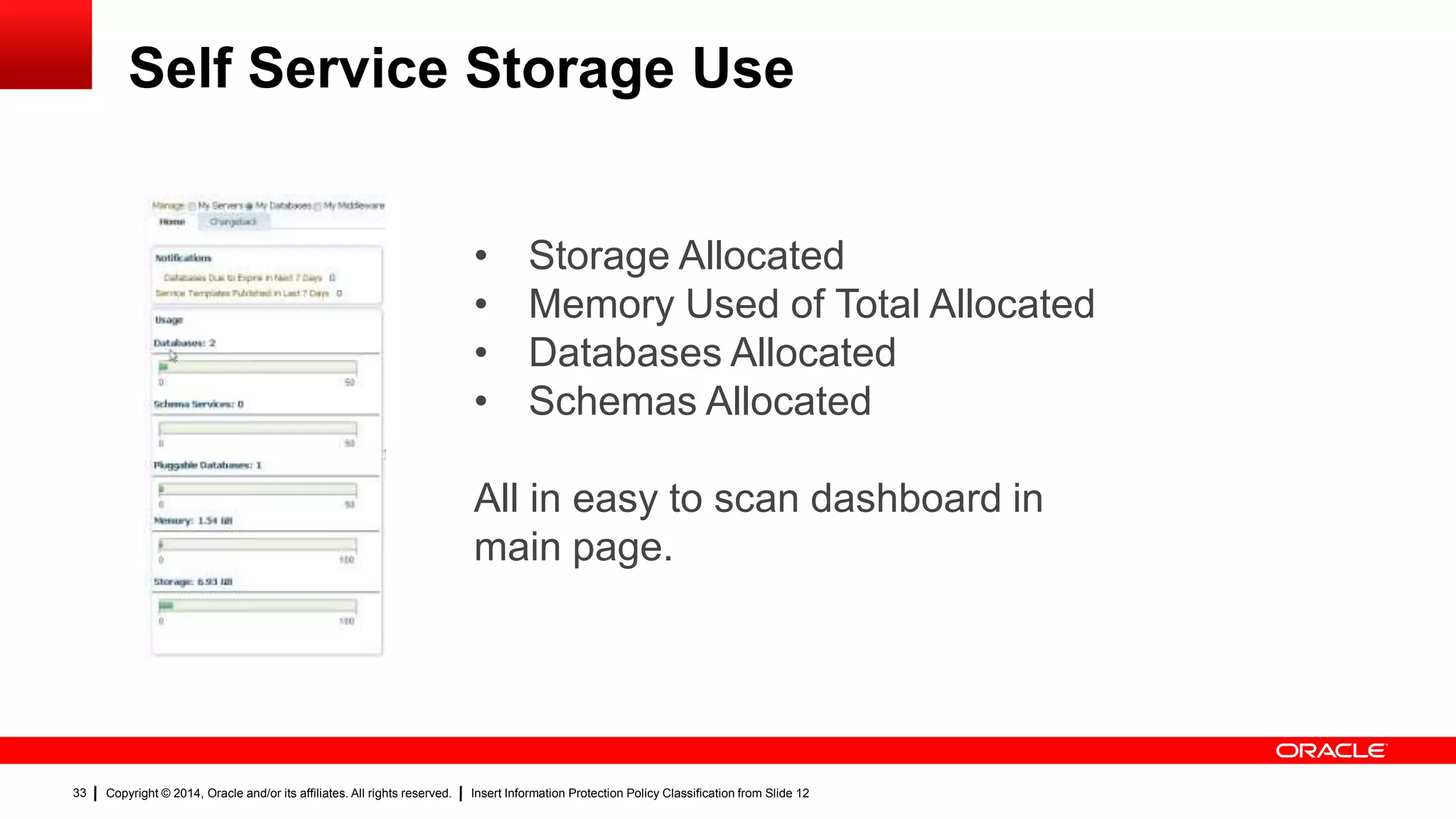 Copyright © 2014, Oracle and/or its affiliates. All rights reserved. Insert Information Protection Policy Classification from Slide 1233
Self Service Storage Use
33
• Storage Allocated
• Memory Used of Total Allocated
• Databases Allocated
• Schemas Allocated
All in easy to scan dashboard in
main page.
 