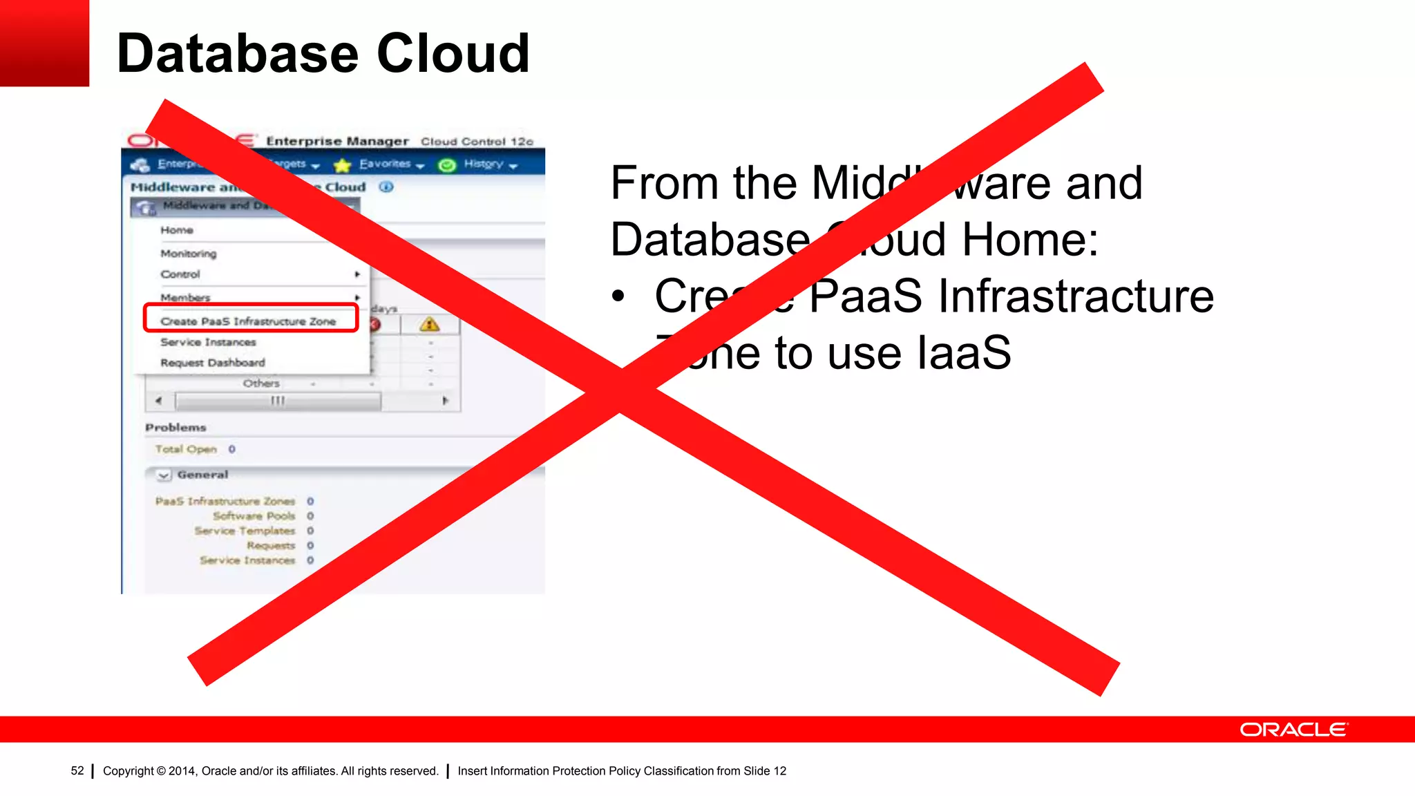 Copyright © 2014, Oracle and/or its affiliates. All rights reserved. Insert Information Protection Policy Classification from Slide 1252
Database Cloud
From the Middleware and
Database Cloud Home:
• Create PaaS Infrastracture
Zone to use IaaS
 