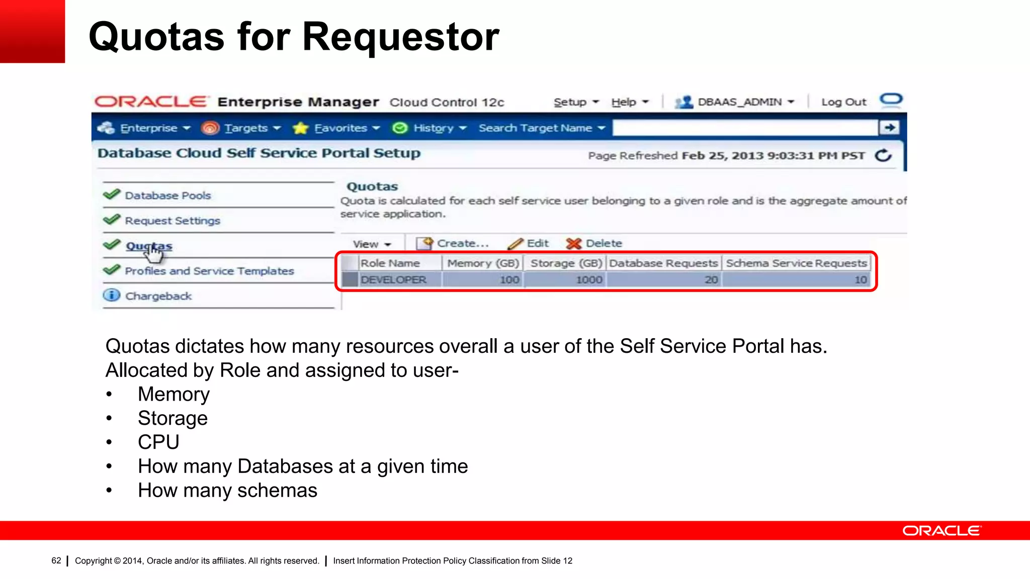 Copyright © 2014, Oracle and/or its affiliates. All rights reserved. Insert Information Protection Policy Classification from Slide 1262
Quotas for Requestor
Quotas dictates how many resources overall a user of the Self Service Portal has.
Allocated by Role and assigned to user-
• Memory
• Storage
• CPU
• How many Databases at a given time
• How many schemas
 