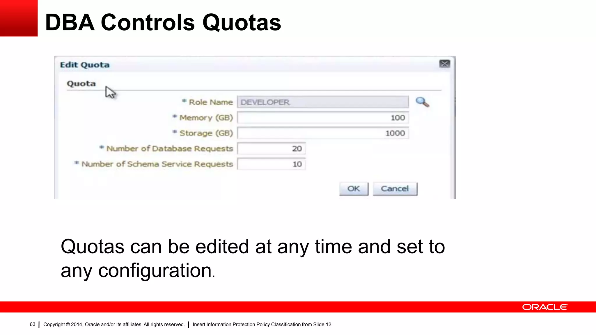 Copyright © 2014, Oracle and/or its affiliates. All rights reserved. Insert Information Protection Policy Classification from Slide 1263
DBA Controls Quotas
Quotas can be edited at any time and set to
any configuration.
 