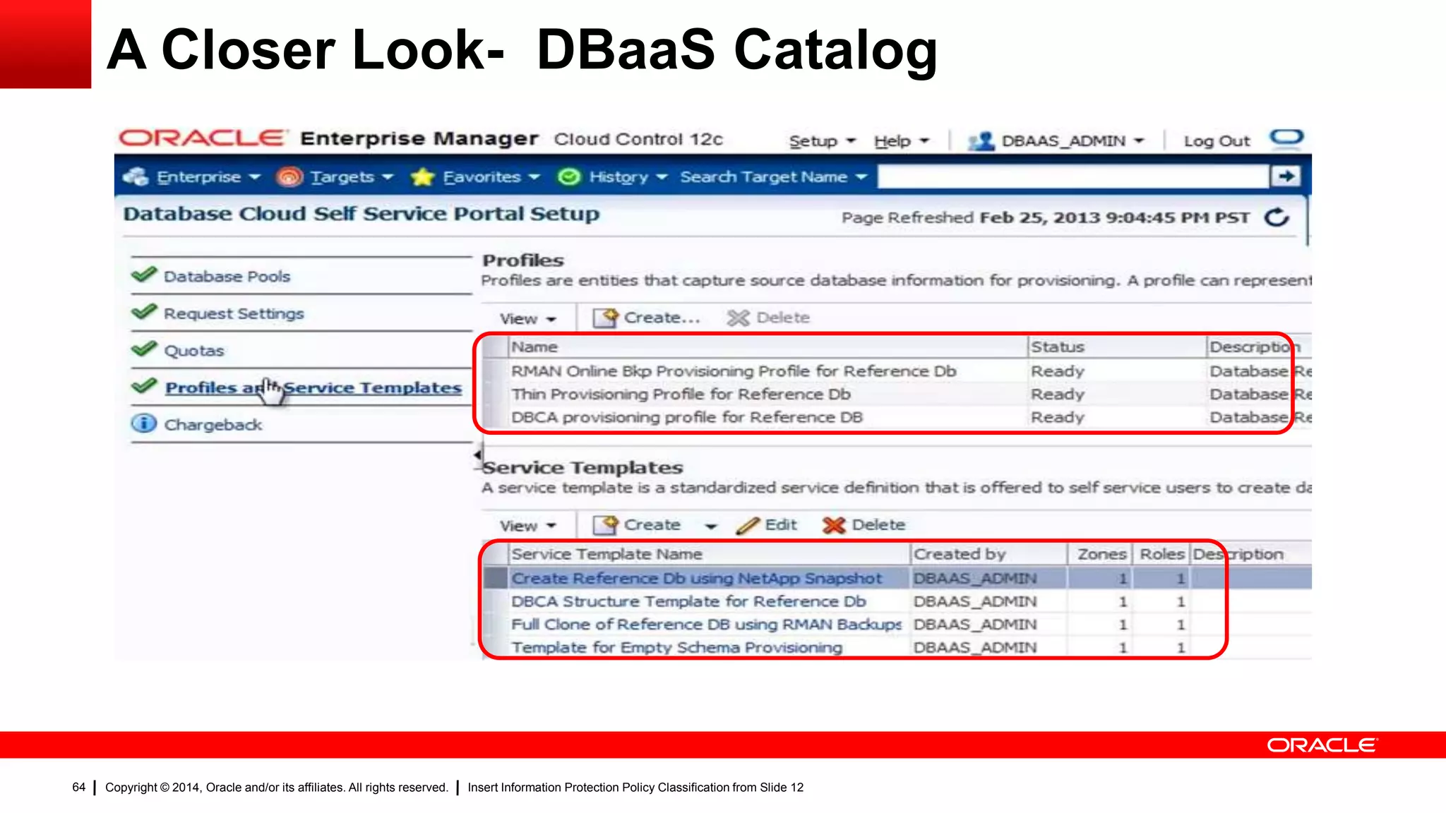 Copyright © 2014, Oracle and/or its affiliates. All rights reserved. Insert Information Protection Policy Classification from Slide 1264
A Closer Look- DBaaS Catalog
 