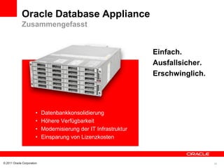 Oracle Database Appliance
             Zusammengefasst


                                                                  Einfach.
                                                                  Ausfallsicher.
                                                                  Erschwinglich.




                       •    Datenbankkonsolidierung
                       •    Höhere Verfügbarkeit
                       •    Modernisierung der IT Infrastruktur
                       •    Einsparung von Lizenzkosten



© 2011 Oracle Corporation                                                          26
 