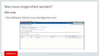 Copyright © 2014 Oracle and/or its affiliates. All rights reserved. |
Was muss eingerichtet werden?
OMS-seitig
• Die Software Library muss konfiguriert sein
 