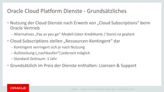 Copyright © 2014 Oracle and/or its affiliates. All rights reserved. |
Oracle Cloud Platform Dienste - Grundsätzliches
• Nutzung der Cloud Dienste nach Erwerb von „Cloud Subscriptions“ beim
Oracle Vertrieb
– Alternatives „Pay as you go“-Modell (über Kreditkarte / Store) ist geplant
• Cloud Subscriptions stellen „Ressourcen-Kontingent“ dar
– Kontingent verringert sich je nach Nutzung
– Aufstockung („nachkaufen“) jederzeit möglich
– Standard-Zeitraum: 1 Jahr
• Grundsätzlich im Preis der Dienste enthalten: Lizenzen & Support
02/09/2014 Oracle Confidential - Internal
 