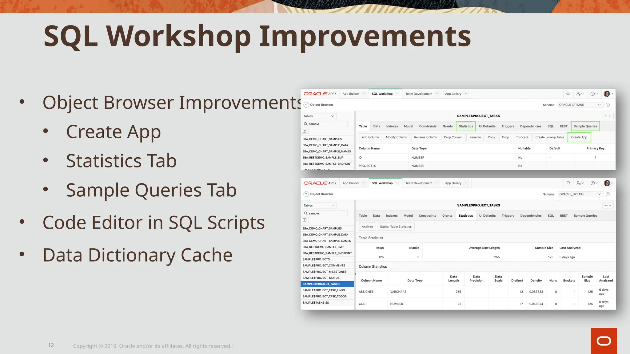 SQL Workshop Improvements
• Object Browser Improvements
• Create App
• Statistics Tab
• Sample Queries Tab
• Code Editor in SQL Scripts
• Data Dictionary Cache
Copyright © 2019, Oracle and/or its affiliates. All rights reserved.|
12
 