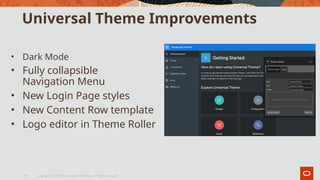 Universal Theme Improvements
• Dark Mode
• Fully collapsible
Navigation Menu
• New Login Page styles
• New Content Row template
• Logo editor in Theme Roller
Copyright © 2019, Oracle and/or its affiliates. All rights reserved.|
13
 