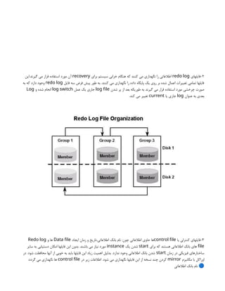 2
‫فایلهای‬-
redo log
‫برای‬ ‫سیستم‬ ‫خرابی‬ ‫هنگام‬ ‫که‬ ‫کنند‬ ‫می‬ ‫نگهداری‬ ‫را‬ ‫اطالعاتی‬
recovery
‫این‬.‫گیرند‬ ‫می‬ ‫قرار‬ ‫استفاده‬ ‫مورد‬ ‫آن‬
‫فایل‬ ‫سه‬ ‫فرض‬ ‫پیش‬ ‫طور‬ ‫به‬ .‫کنند‬ ‫می‬ ‫نگهداری‬ ‫را‬ ‫داده‬ ‫پایگاه‬ ‫یک‬ ‫روی‬ ‫بر‬ ‫شده‬ ‫اعمال‬ ‫تغییرات‬ ‫تمامی‬ ‫فایلها‬
redo log
‫به‬ ‫که‬ ‫دارد‬ ‫وجود‬
‫شدن‬ ‫پر‬ ‫از‬ ‫بعد‬ ‫طوریکه‬ ‫به‬ ‫گیرند‬ ‫می‬ ‫قرار‬ ‫استفاده‬ ‫مورد‬ ‫چرخشی‬ ‫صورت‬
log file
‫عمل‬ ‫یک‬ ‫جاری‬
log switch
‫و‬ ‫شده‬ ‫انجام‬
Log
‫عنوان‬ ‫به‬ ‫بعدی‬
log
‫یا‬ ‫جاری‬
current
.‫کند‬ ‫می‬ ‫تغییر‬
3
‫یا‬ ‫کنترلی‬ ‫فایلهای‬-
control file
‫ایجاد‬ ‫زمان‬ ‫و‬ ‫تاریخ‬،‫اطالعاتی‬ ‫بانک‬ ‫نام‬ :‫چون‬ ‫اطالعاتی‬ ‫حاوی‬ ‫ها‬
Data file
‫و‬ ‫ها‬
Redo log
file
‫برای‬ ‫که‬ ‫هستند‬ ‫اطالعاتی‬ ‫بانک‬ ‫های‬
start
‫یک‬ ‫شدن‬
instance
‫سایر‬ ‫به‬ ‫دستیابی‬ ‫امکان‬ ‫فایلها‬ ‫این‬ ‫بدون‬ .‫باشند‬ ‫می‬ ‫نیاز‬ ‫مورد‬
‫زمان‬ ‫در‬ ‫فیزیکی‬ ‫ساختارهای‬
start
‫در‬ .‫شود‬ ‫محافظت‬ ‫آنها‬ ‫از‬ ‫خوبی‬ ‫به‬ ‫باید‬ ‫فایلها‬ ‫این‬ ‫زیاد‬ ‫اهمیت‬ ‫بدلیل‬ .‫ندارد‬ ‫وجود‬ ‫اطالعاتی‬ ‫بانک‬ ‫شدن‬
‫مکانیزم‬ ‫با‬ ‫اوراکل‬
mirror
‫در‬ ‫زیر‬ ‫اطالعات‬ .‫شود‬ ‫می‬ ‫نگهداری‬ ‫فایلها‬ ‫این‬ ‫از‬ ‫نسخه‬ ‫چند‬ ‫کردن‬
control file
:‫گردد‬ ‫می‬ ‫نگهداری‬ ‫ها‬
‫اطالعاتی‬ ‫بانک‬ ‫نام‬ 🔵
 