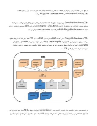 ‫مفاهیم‬ ‫شامل‬ ‫ویژگی‬ ‫این‬ .‫است‬ ‫امروز‬ ‫به‬ ‫تا‬ ‫اوراکل‬ ‫داده‬ ‫پایگاه‬ ‫معماری‬ ‫در‬ ‫تحوالت‬ ‫بزرگترین‬ ‫از‬ ‫یکی‬ ‫چندگانگی‬ ‫ویژگی‬ ‫واقع‬ ‫در‬
( )
Container Database CDB
‫و‬
( )
Pluggable Database PDB
.‫‌باشد‬
‫ی‬‫م‬
( )
Container Database CDB
‫اجزاء‬ ‫شامل‬ ‫و‬ ‫‌کند‬
‫ی‬‫م‬ ‫عمل‬ ‫اوراکل‬ ‫سنتی‬ ‫‌های‬
‫س‬‫دیتابی‬ ‫با‬ ‫مشابه‬ ‫الیه‬ ‫یک‬ ‫عنوان‬ ‫به‬ ‫مفهوم‬ ‫این‬ :
‫‌های‬
‫ل‬‫فای‬ ،‫‌ها‬
‫ل‬‫‌فای‬
‫ا‬‫دیت‬ ،‫‌ها‬
‫ل‬‫‌فای‬
‫ل‬‫کنتر‬ ‫همچون‬ ‫مختلفی‬
undo، temp
‫و‬
redo log file
.‫‌باشد‬
‫ی‬‫م‬ ‫ها‬
CDB
‫داده‬ ‫دیکشنری‬ ‫از‬ ‫همچنین‬
‫به‬ ‫مربوط‬
( )
PDB Pluggable Database
‫یک‬ ‫قالب‬ ‫در‬ ‫ها‬
root container
.‫‌کند‬
‫ی‬‫م‬ ‫میزبانی‬
( )
Pluggable Database PDB
‫یک‬ ‫که‬ ‫زمانی‬ :
CDB
‫چندین‬ ‫میزبان‬
PDB
‫هر‬ ،‫است‬
PDB
‫خود‬ ‫به‬ ‫مربوط‬ ‫اطالعات‬ ‫شامل‬ ‫فقط‬
،‫‌ها‬
‫ل‬‫‌فای‬
‫ل‬‫کنتر‬ ‫درباره‬ ‫نگرانی‬ ‫به‬ ‫نیازی‬ ‫و‬ ‫‌باشد‬
‫ی‬‫م‬
redo log file
،‫ها‬
undo
‫هر‬ ‫همچنین‬ .‫ندارد‬ ‫غیره‬ ‫و‬
PDB
‫و‬ ‫‌ها‬
‫ل‬‫‌فای‬
‫ا‬‫دیت‬ ‫شامل‬
tempfile
‫اطالعاتی‬ ‫و‬ ‫خود‬ ‫به‬ ‫مخصوص‬ ‫داده‬ ‫دیکشنری‬ ‫شامل‬ ‫دیتابیس‬ ‫این‬ .‫‌دهند‬
‫ی‬‫م‬ ‫سرویس‬ ‫خود‬ ‫به‬ ‫مربوط‬ ‫اشیاء‬ ‫به‬ ‫که‬ ‫است‬ ‫هایی‬
‫همان‬ ‫برای‬ ‫شده‬ ‫تعریف‬ ‫اشیاء‬ ‫درباره‬
PDB
..‫است‬
( ‫ریشه‬ ‫کانتینر‬ ‫در‬ ‫اشیاء‬ ‫میان‬ ‫دیکشنری‬ ‫دیتای‬ ‫بندی‬ ‌
‫م‬‫تقسی‬ ‫این‬
root container
‫به‬ ‫مربوط‬ ‫اشیاء‬ ‫و‬ )
PDB
‫این‬ ‫زیرا‬ ،‫است‬ ‫مهم‬ ‫بسیار‬
‫منظر‬ ‫از‬ .‫‌کند‬
‫ی‬‫م‬ ‫کمک‬ ‫چندگانگی‬ ‫‌پذیری‬
‫ف‬‫انعطا‬ ‫کردن‬ ‫مشخص‬ ‫به‬ ‫جداسازی‬
PDB
‫دیکشنری‬ ‫دیتای‬ ‫تجمیع‬ ‫شامل‬ ‫دیکشنری‬ ‫دیتای‬ ‫یک‬ ،
 