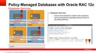 Copyright © 2013, Oracle and/or its affiliates. All rights reserved.102
Policy-Managed Databases with Oracle RAC 12c
Database Services
vixen srvpool: frontoffice
dancer srvpool: backofficedasher srvpool: frontoffice
Oracle GI | HUB Oracle GI | HUB
Oracle GI | HUB
Oracle RAC Oracle RAC
Oracle RAC
raccdb1
raccdb1_3
raccdb1_4 raccdb1_2
[GRID]> srvctl status serverpool
Server pool name: frontoffice
Active Servers count: 2
Server pool name: backoffice
Active Servers count: 2
[RAC]> srvctl status service -d raccdb1
Service crmsvc is running on nodes: dasher,vixen
Service hrsvc is running on nodes: comet,dancer
§  Database Services
–  Ensure that workload is hosted in the respective
server pool with the cardinality defined as part of
the policy definition.
comet srvpool: backoffice
Oracle GI | HUB
Oracle RAC
raccdb1_1
 