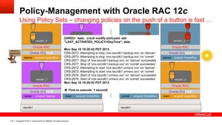 Copyright © 2013, Oracle and/or its affiliates. All rights reserved.116
Policy-Management with Oracle RAC 12c
Using Policy Sets – changing policies on the push of a button is fast …
vixen srvpool: frontofficecomet srvpool: backup
dancer srvpool: backupdasher srvpool: backoffice
Oracle GI | HUB Oracle GI | HUB
Oracle GI | HUBOracle GI | HUB
Oracle RAC Oracle RAC
Oracle RACOracle RAC
raccdb1
raccdb1_3
raccdb1_4 raccdb1_2
raccdb1_1
vixen srvpool: backofficecomet srvpool: frontoffice
dancer srvpool: frontofficedasher srvpool: frontoffice
Oracle GI | HUB Oracle GI | HUB
Oracle GI | HUBOracle GI | HUB
Oracle RAC Oracle RAC
Oracle RACOracle RAC
raccdb1
raccdb1_3
raccdb1_4 raccdb1_2
raccdb1_1
[GRID]> date; crsctl modify policyset -attr
"LAST_ACTIVATED_POLICY=DayTime"; date
Mon Sep 16 19:26:42 PDT 2013
CRS-2673: Attempting to stop 'ora.raccdb1.backup.svc' on 'dancer'
CRS-2673: Attempting to stop 'ora.raccdb1.backup.svc' on 'comet'
CRS-2677: Stop of 'ora.raccdb1.backup.svc' on 'dancer' succeeded
CRS-2677: Stop of 'ora.raccdb1.backup.svc' on 'comet' succeeded
CRS-2672: Attempting to start 'ora.raccdb1.crmsvc.svc' on 'dancer'
CRS-2672: Attempting to start 'ora.raccdb1.crmsvc.svc' on 'comet'
CRS-2676: Start of 'ora.raccdb1.crmsvc.svc' on 'dancer' succeeded
CRS-2676: Start of 'ora.raccdb1.crmsvc.svc' on 'comet' succeeded
Mon Sep 16 19:26:43 PDT 2013
! Time to execute: 1 second!
 
