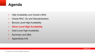 Copyright © 2013, Oracle and/or its affiliates. All rights reserved.36
Agenda
§  High Availability and Oracle’s MAA
§  Oracle RAC 12c and Standardization
§  Bronze Level High Availability
§  Silver Level High Availability
§  Gold Level High Availability
§  Summary and Q&A
§  Appendices A-B
 